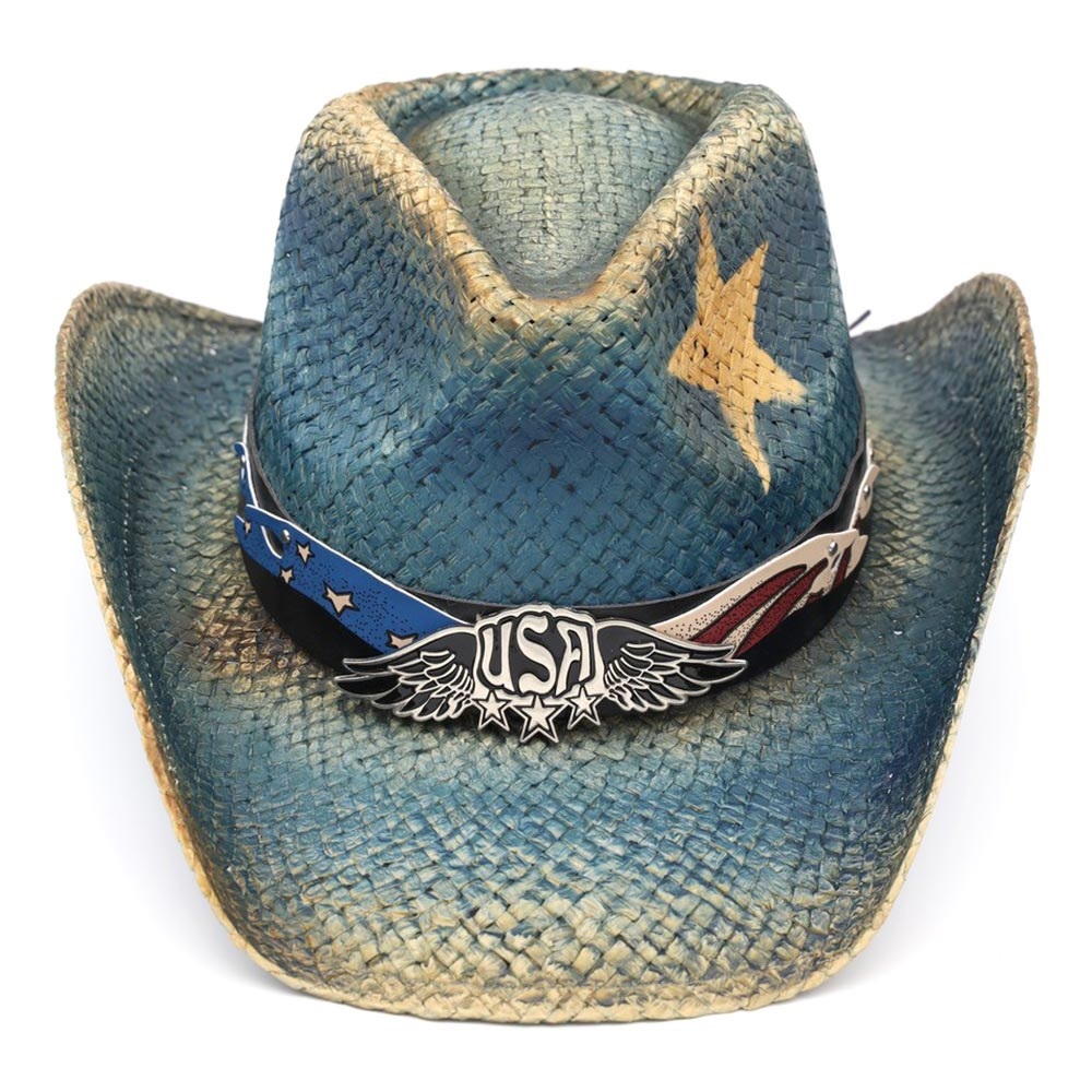 Brass Eagle USA Buckle Faux Leather Band Distressed Western Cowboy Hat